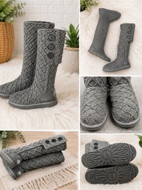 UGG Australia Tall Knit Button Boots Gray Women’s Sz 8 winter Cozy Sweater Boots